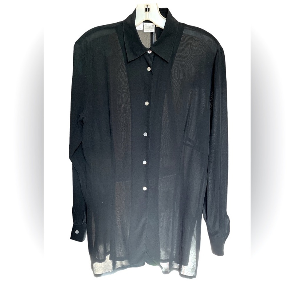 SHEER BLOUSE Vintage Silk Crepe Blouse Winter Silks Sheer Black Long Sleeve